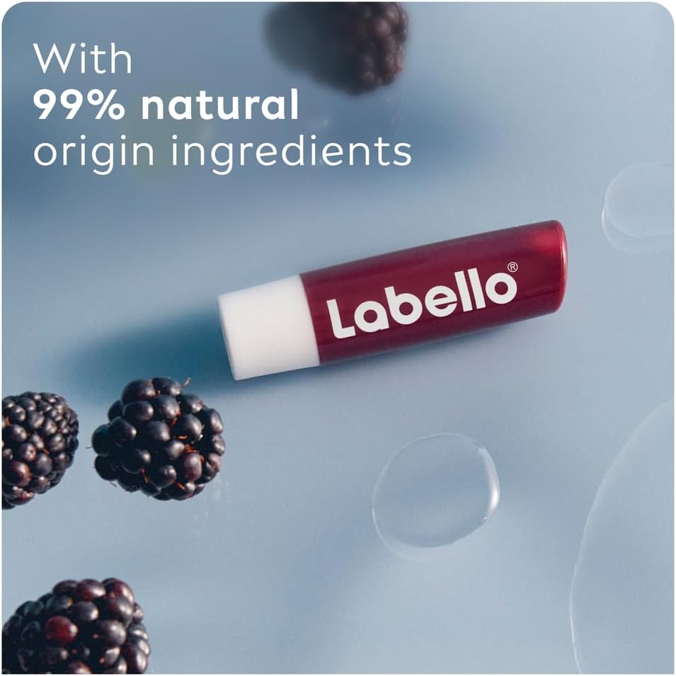 labello blackberry shine lip balm, 24h melt in moisture, with shea butter and natural oils enriched with vitamins, with natural ingredients, mineral oil free, vegan, 4.8g