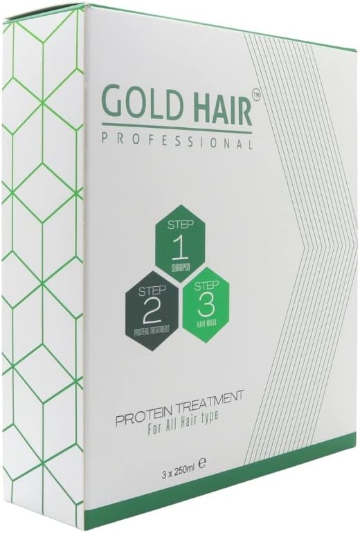 gold hair professional protein treatment set (250ml*3) for normal type of hair, eliminates frizz, long lasting up to 6 mos, repairs hair damage and 100% vegan (safe with no harsh chemicals)
