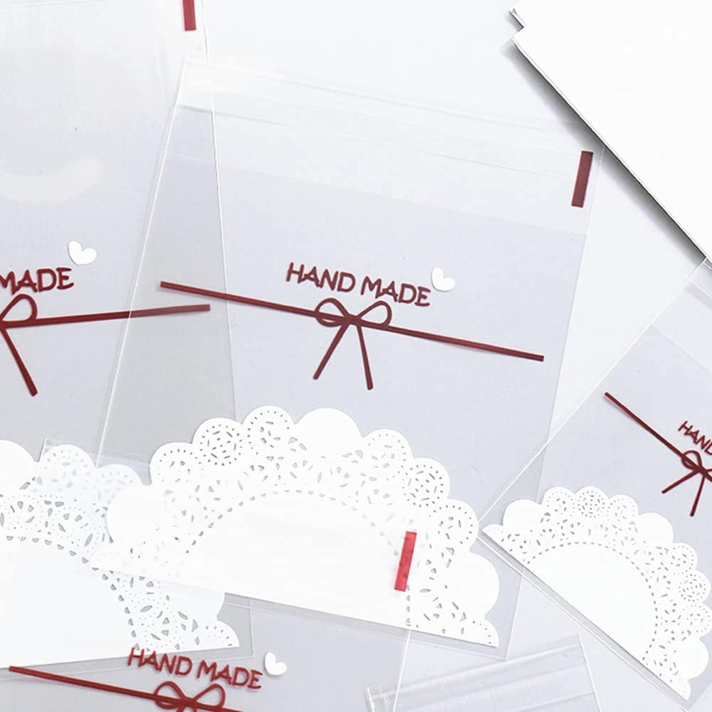 ncn 200 pcs self adhesive plastic cookie bags lace bowknot candy bags clear treat bags plastic individual candy bags for treat gifts wrapping good for party favors