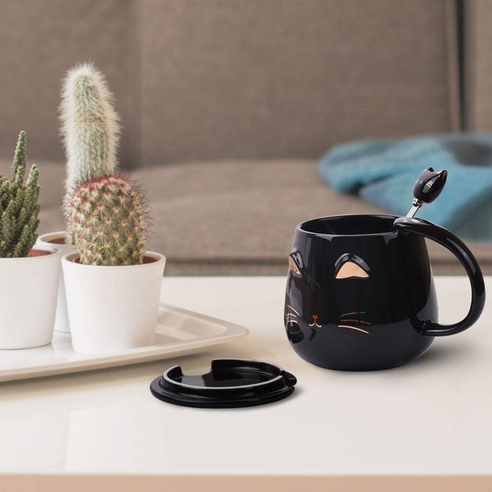 sulfar angelice home black cat mug, cute kitty ceramic coffee mug with stainless steel spoon, novelty coffee mug cup for cat lovers women girls