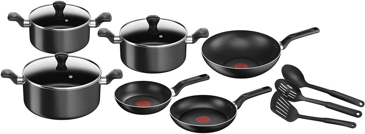 tefal super cook non stick 12 pcs cooking set, black, aluminium, b459sc84, online exclusive