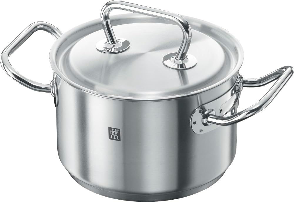 zwilling twin classic 5pc cookware set. 3 ply base. scratch resistant 18/10 stainless steel body. oven safe. dishwasher safe. set: 3 stock pot, 2 frying pans, roaster.