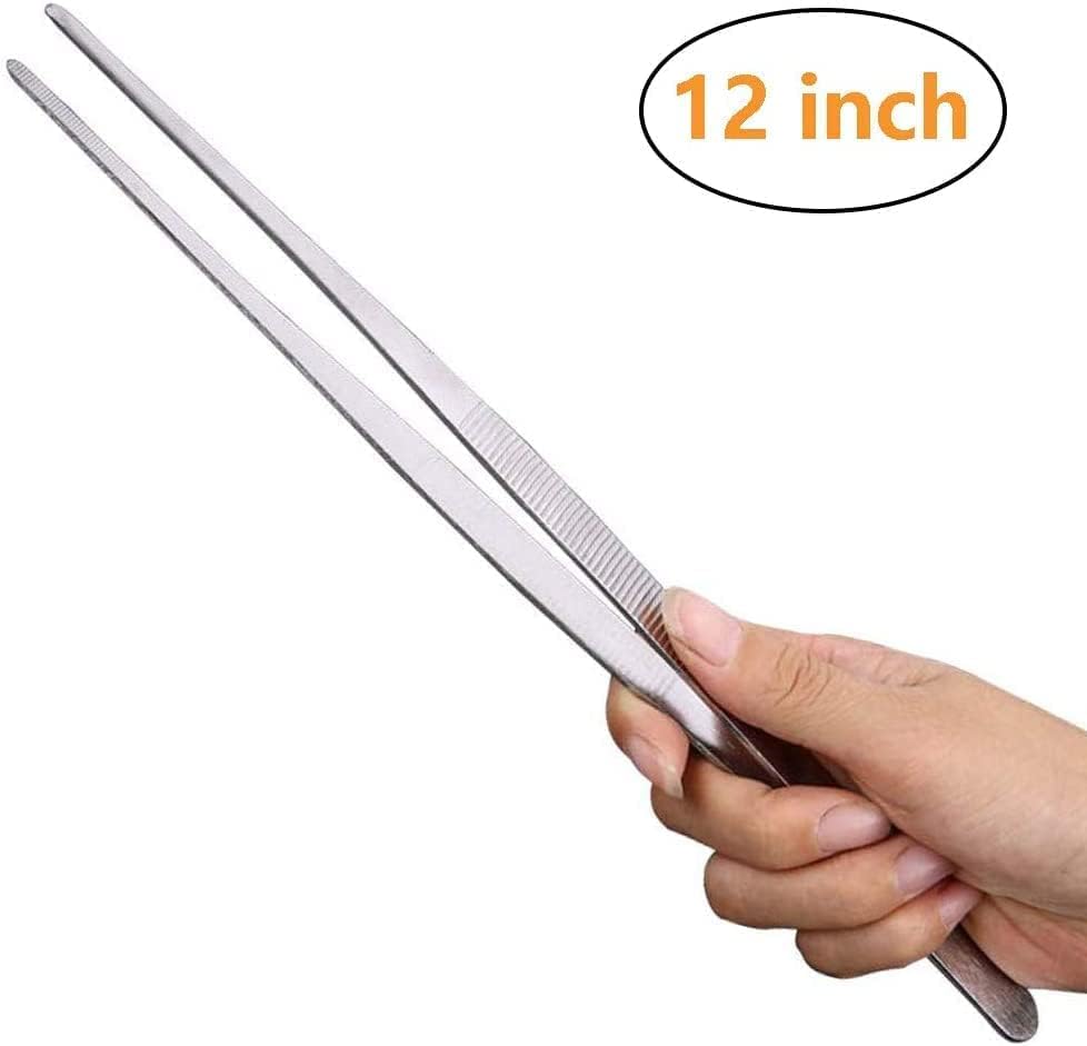 valuxe 2pcs 12 inch tweezer tongs, kitchen tongs, extra long stainless steel tweezers tongs, long food tongs with precision serrated tips for cooking, repairing, sea food, silver long bbq tongs