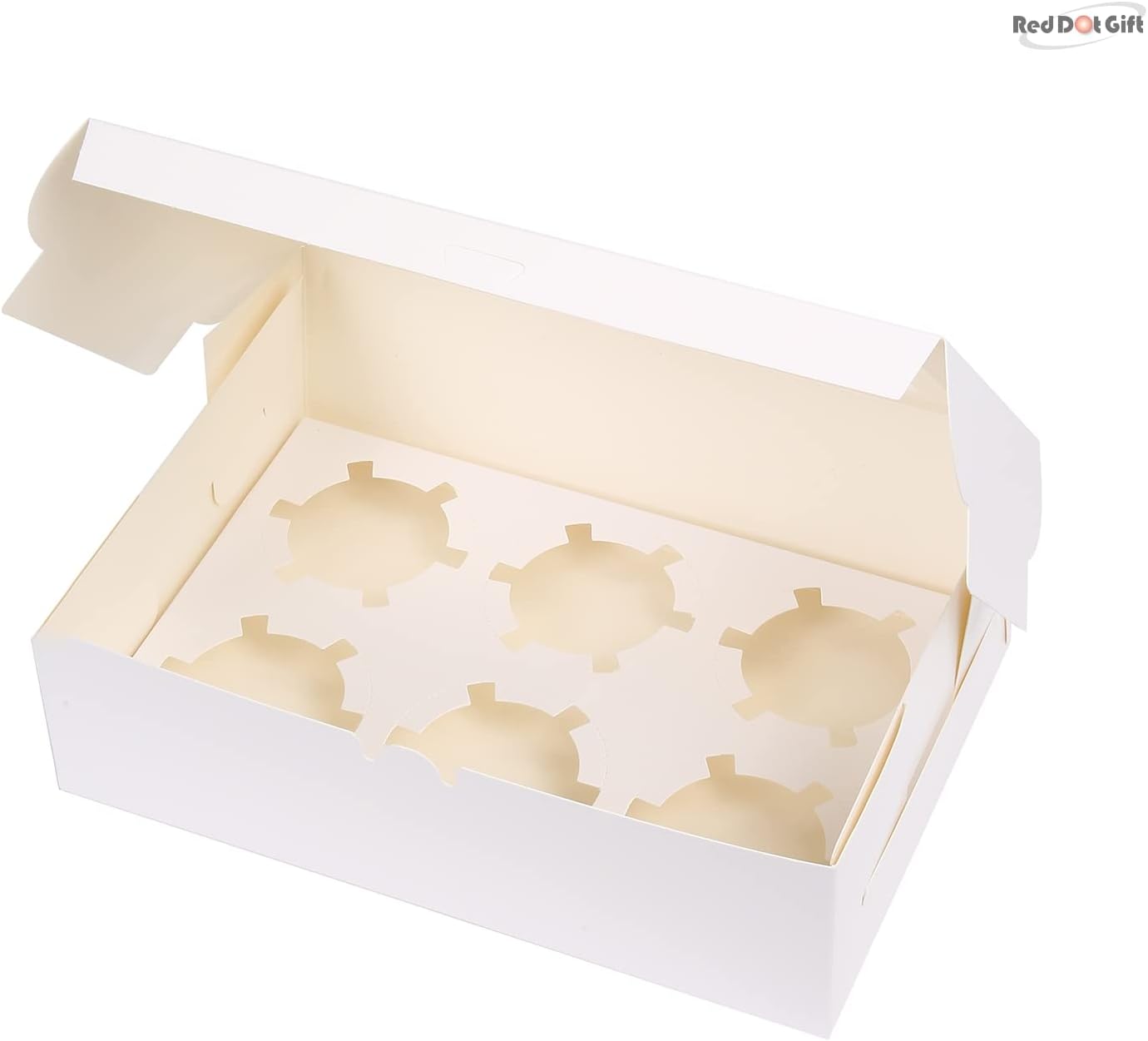 reddotgift® 6 cavities kraft paper cupcake box (pack of 12) with inserts cupcake containers bakery cake carriers for home dessert shop (white)