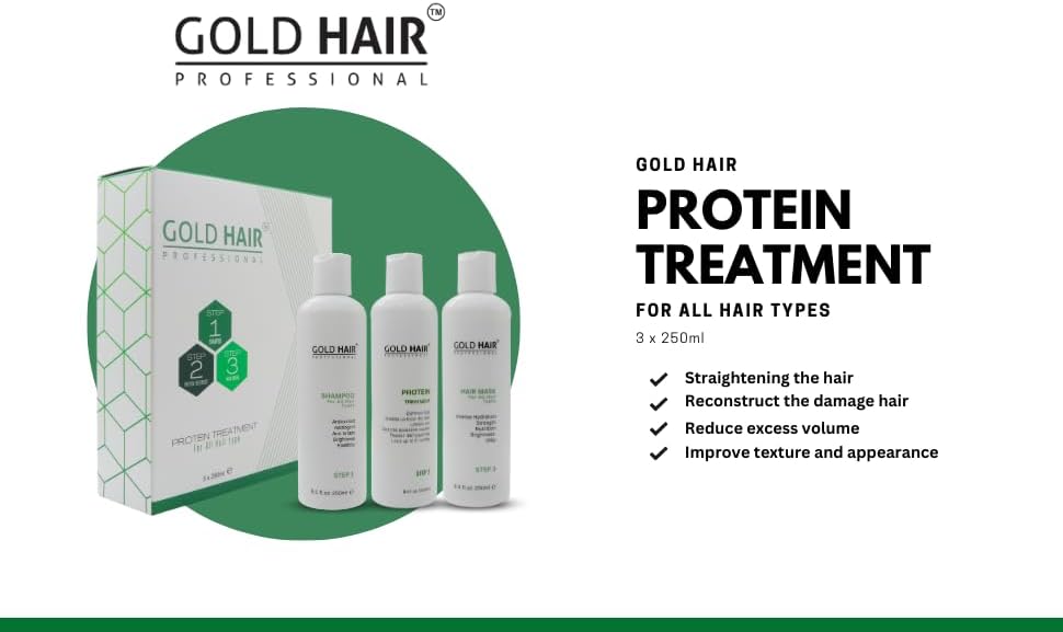 gold hair professional protein treatment set (250ml*3) for normal type of hair, eliminates frizz, long lasting up to 6 mos, repairs hair damage and 100% vegan (safe with no harsh chemicals)