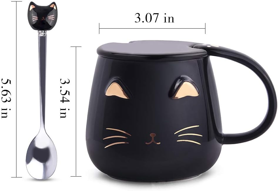 sulfar angelice home black cat mug, cute kitty ceramic coffee mug with stainless steel spoon, novelty coffee mug cup for cat lovers women girls