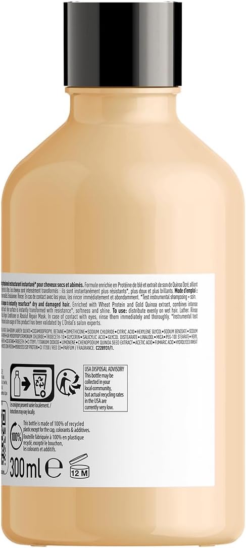 l’oréal professionnel | absolut repair shampoo | for dry & damaged hair | repairs & hydrates dry, damaged hair |with gold quinoa & protein | serie expert | 300 ml
