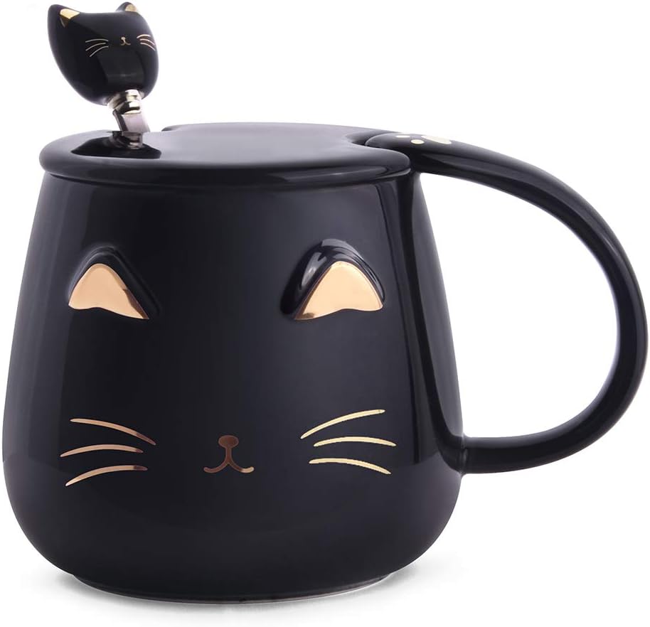 sulfar angelice home black cat mug, cute kitty ceramic coffee mug with stainless steel spoon, novelty coffee mug cup for cat lovers women girls