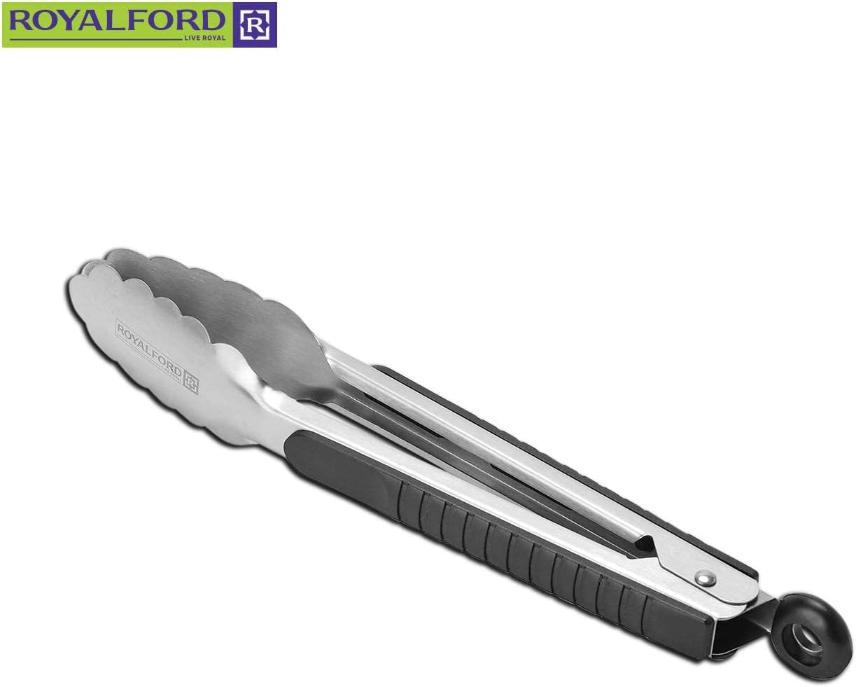 royalford kitchen tongs | 9inch non slip with soft grip side panels & stainless steel handle | heat resistant, food grade | premium utensil for cooking, serving, barbecue, buffet, salad & ice