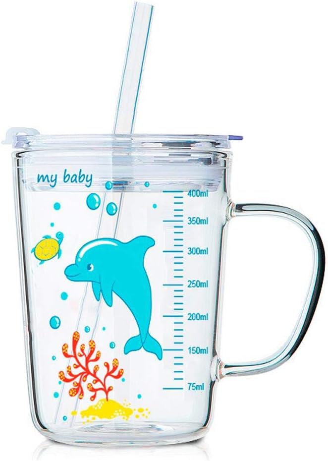 volwco cute heat resistant drinking cups with leak proof regular lids and straw with scale for kids (transparent)