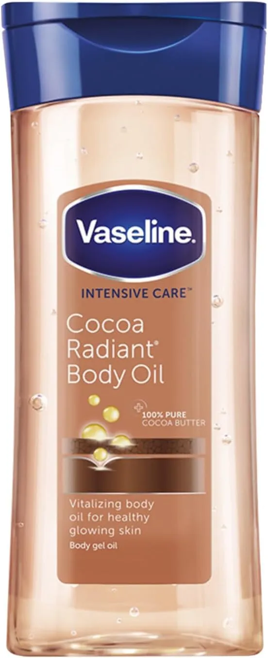 Vaseline Intensive Care Cocoa Radiant Vitalizing Body Oil With 100% Pure Cocoa Butter & Replenishing Oils For Long-Lasting Radiant Glow| Non-Greasy Body Gel Oil for Healthy & Glowing Skin| 200 ml