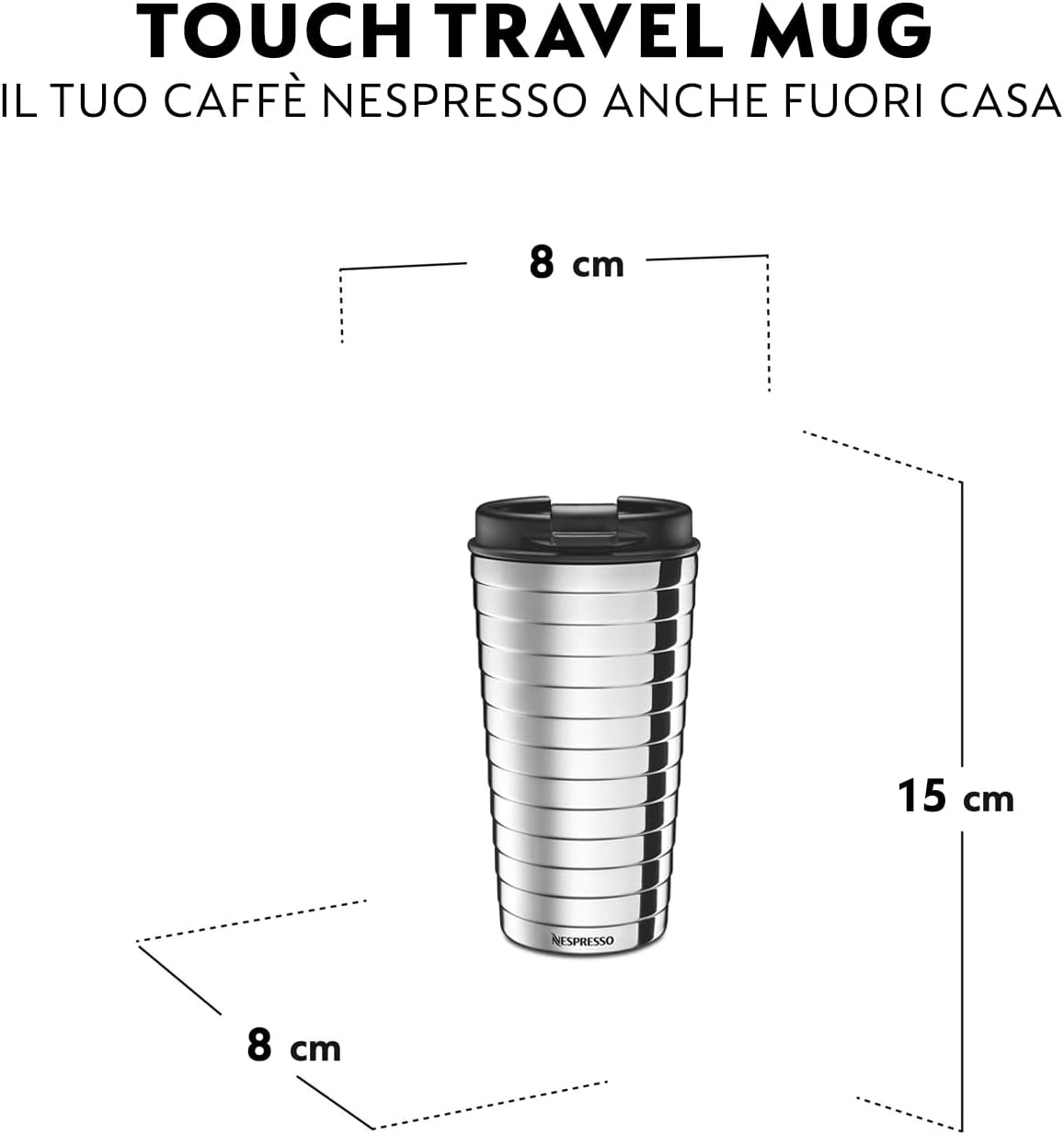 nespresso touch tazza da viaggio in acciaio inox, 16.5 cm, colore argento