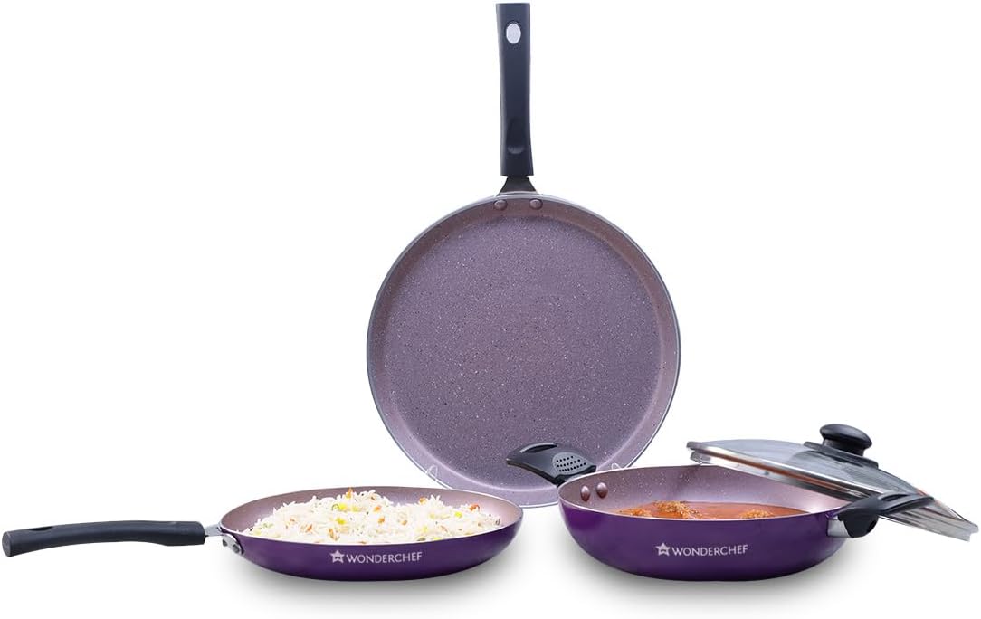 wonderchef valencia non stick cookware 4 piece set, kadhai with lid, fry pan, dosa tawa, cool touch bakelite handles, pure grade aluminium, pfoa free 2 yrs warranty, purple