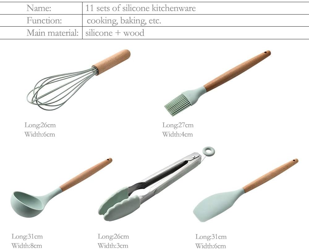 comcreate silicone cooking kitchen 11pcs wooden utensils tool for nonstick cookware,cooking utensils set with bamboo wood handles for nonstick cookware，non toxic turner tongs spatula spoon set