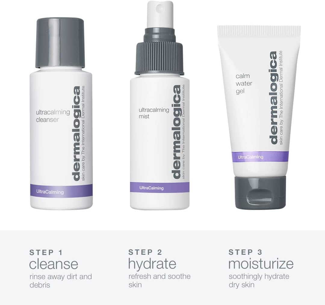 dermalogica sensitive skin rescue kit, calms, soothes, and hydrates, ultracalming cleanser 50ml, ultracalming mist 50ml, calm water gel 14ml.