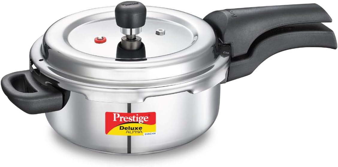 prestige deluxe alpha svachh stainless steel pressure cooker 3 ltr | silver