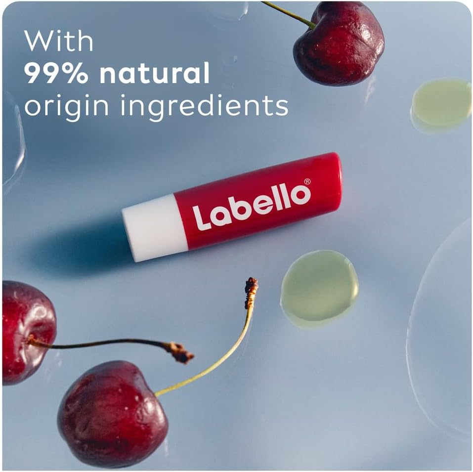 labello cherry shine lip balm, 24h melt in moisture, with shea butter and natural oils enriched with vitamins, with natural ingredients, mineral oil free, vegan, 4.8g