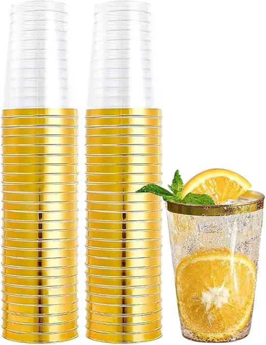 TOMVAES 50 Pack Plastic Cups,Gold Rimmed Disposable Cups,Reusable Clear Party Cups Tumblers,Wine Glasses for Celebrations, Weddings, Picnics, Parties, Camping, Birthdays