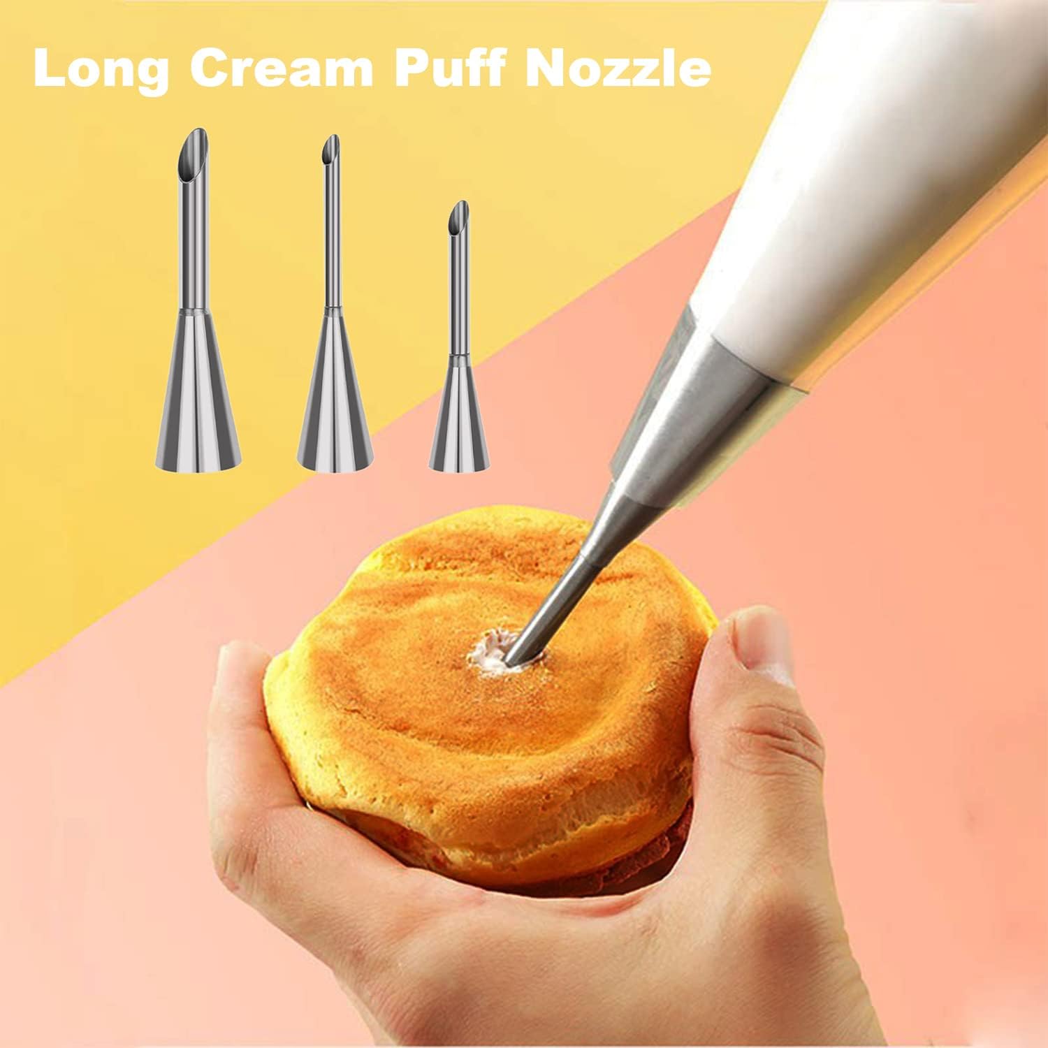 suuker cream piping tips, stainless steel long cream puff nozzle decor small pastry icing piping decorating tools (3 pieces)