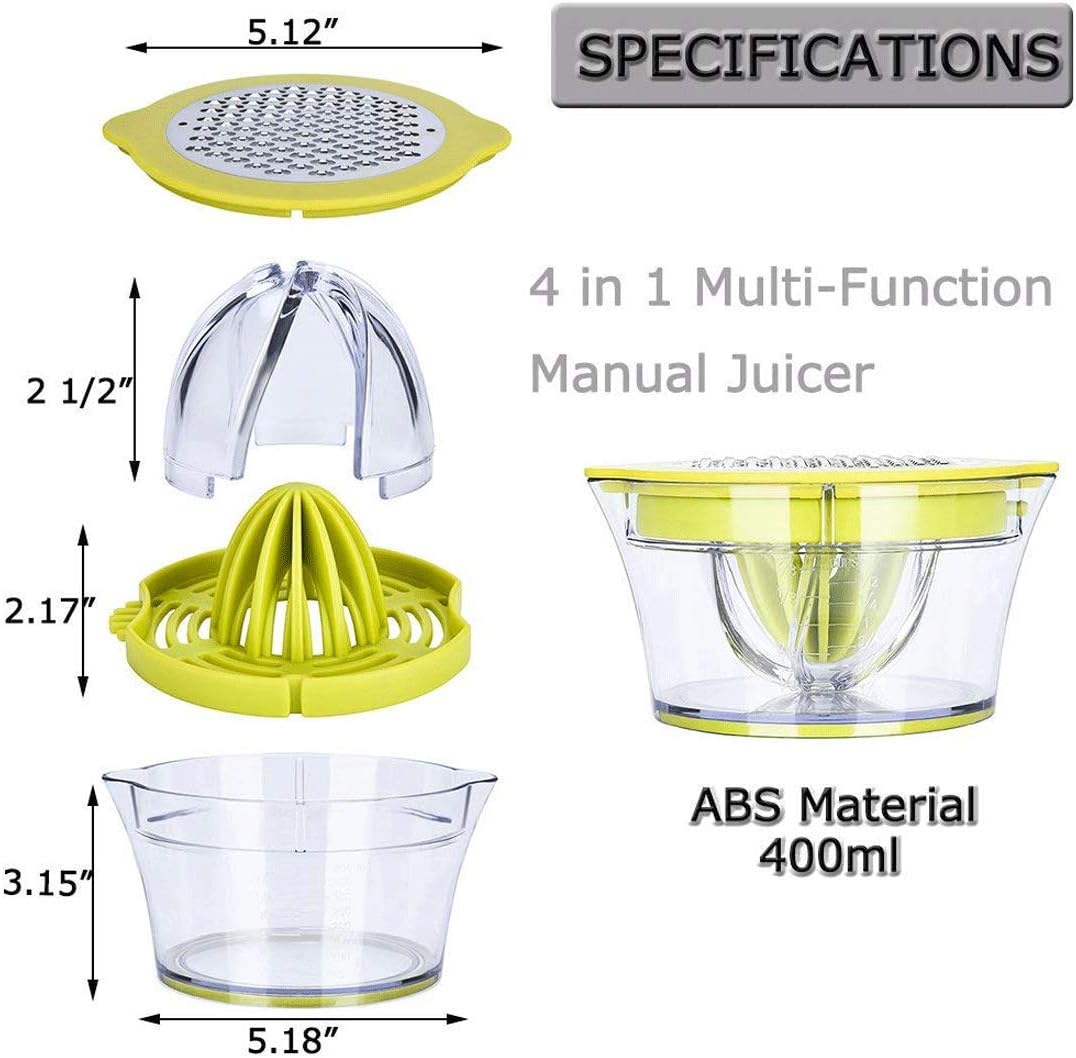 drizom citrus lemon orange juicer manual hand squeezer with built in measuring cup and grater, 12oz, green
