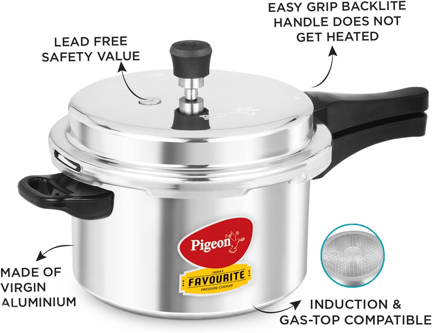 pigeon by stovekraft favourite induction base aluminum pressure cooker with outer lid, 5 litres, silver