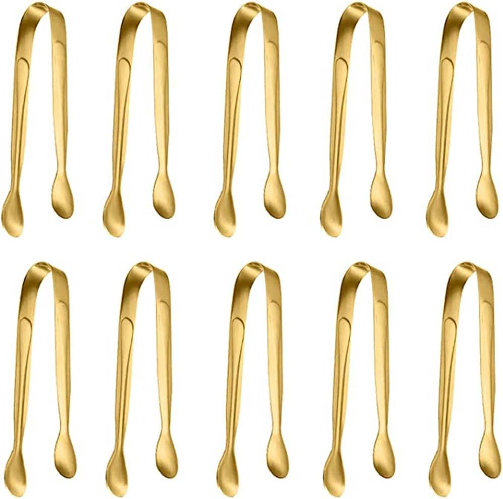 kastwave 10 piece stainless steel food tongs, rock candy tongs, stainless steel mini serving tongs, ice cube tongs, small square tea party coffee bar kitchen tongs (golden)