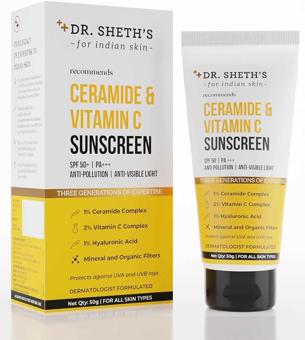 dr. sheth's sunscreen spf 50 cream with ceramide & vitamin c for oily, sensitive, dry skin | for intense hydration | non greasy, quick absorbing | zero white cast | pa+++ | for women & men | 50g