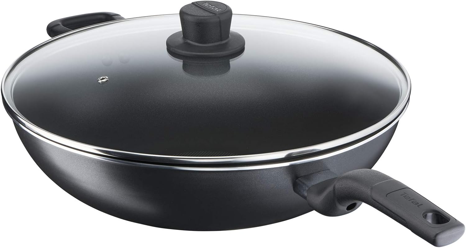 tefal wok pan with lid | cook easy xl 36 cm frying pan |non stick frypan | aluminium | black | 2 years warranty | b5039296