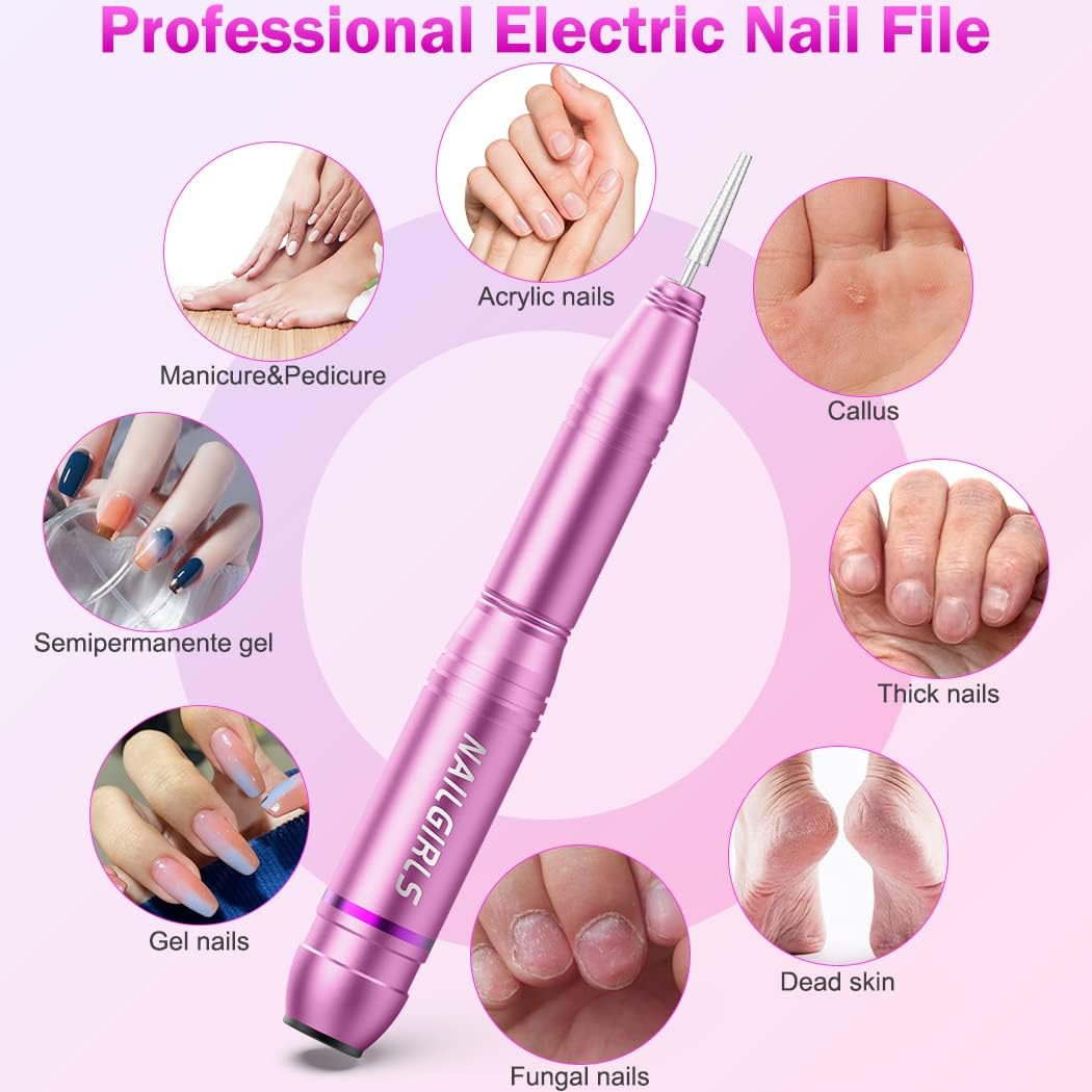 nailgirls electric nail file, portable nail drill usb 25000rpm professional nail drill machine for acrylic gel nails efile e file manicure pedicure polishing shape tools for home salon use (pink)