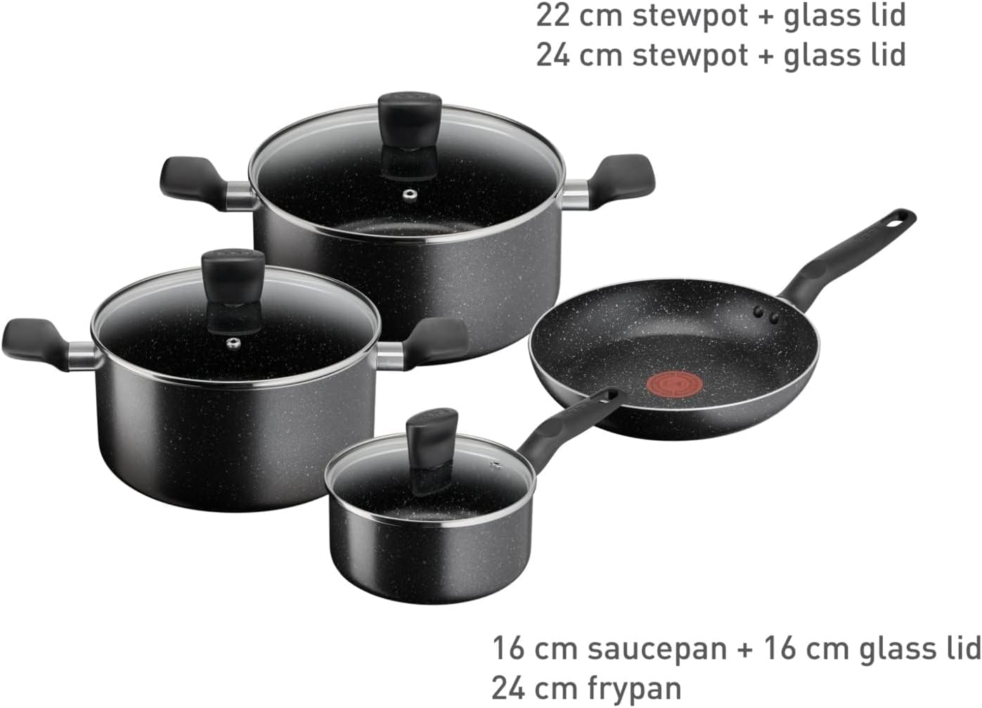 tefal cookware set | dark stone 7 pc cooking set | non stick | stewpots 22/24 cm+lids | saucepan 16 cm | frypan 24 cm | aluminium | 2 years warranty | b491s785