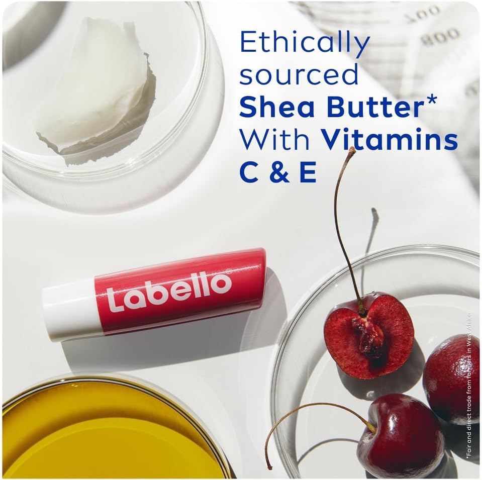 labello cherry shine lip balm, 24h melt in moisture, with shea butter and natural oils enriched with vitamins, with natural ingredients, mineral oil free, vegan, 4.8g