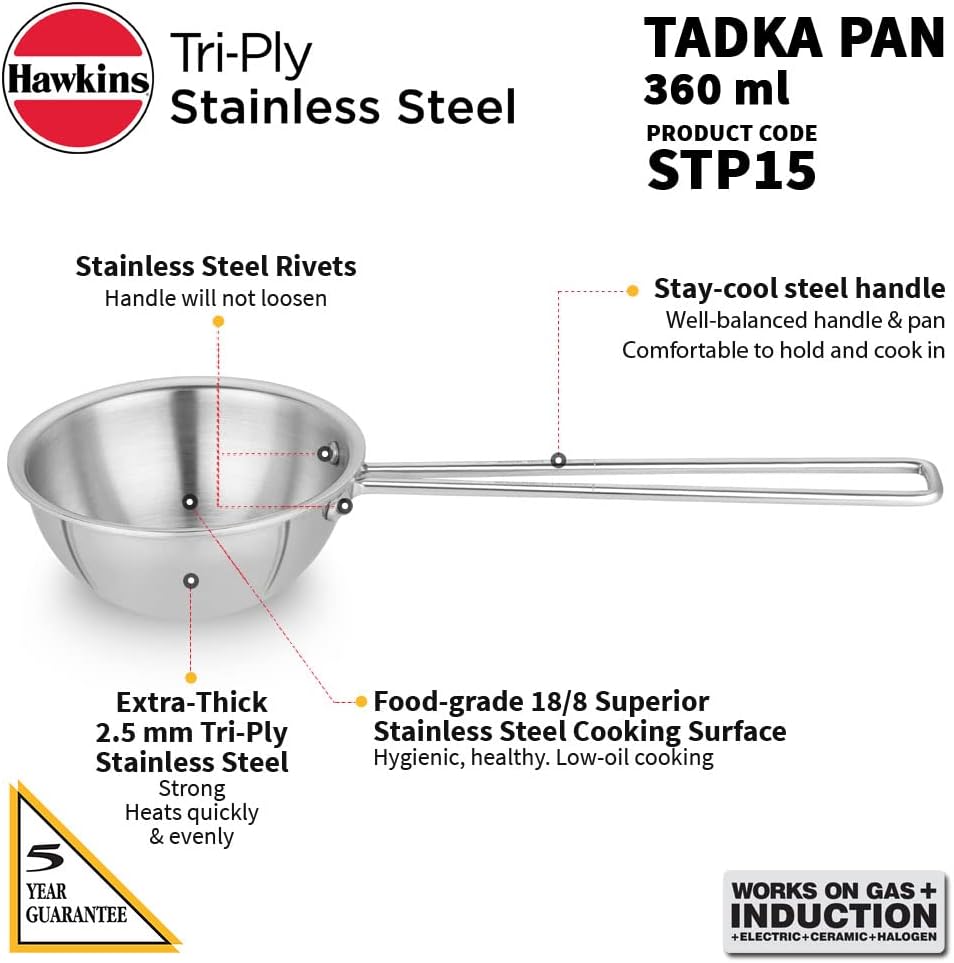 hawkins 1.5 cup tadka pan, 360 ml triply stainless steel pan, induction pan, silver (stp15)