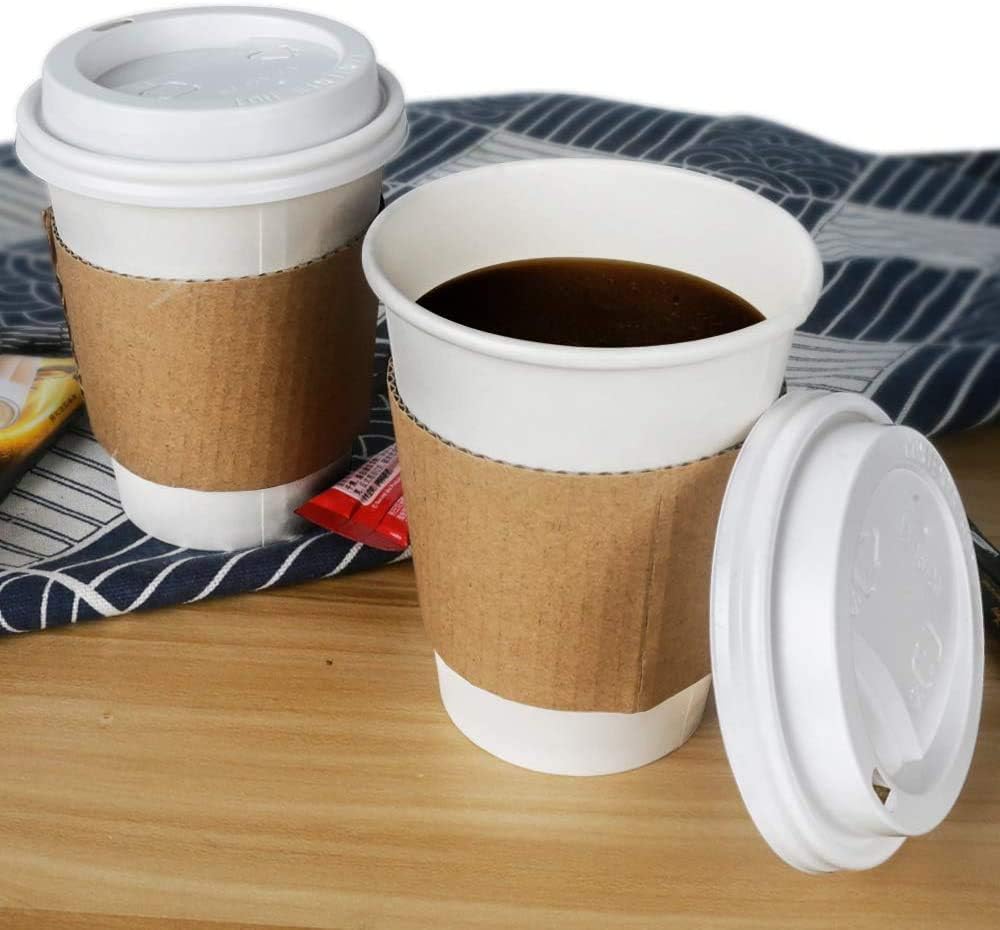 markq [50 sets] 12 oz white disposable coffee cups with lids and sleeves | paper cups for hot & cold drinks | small disposable cups for home, parties and work
