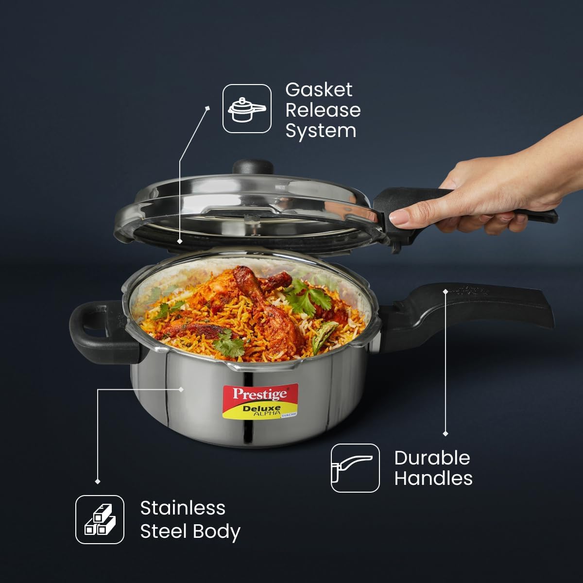 prestige deluxe alpha svachh stainless steel pressure cooker 3 ltr | silver