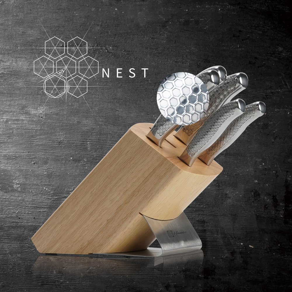 hanmaster kitchen knife set, one piece stainless steel knife sets for kitchen with block, 6 pieces solid natural wood knife block set, gift box packed, silver.