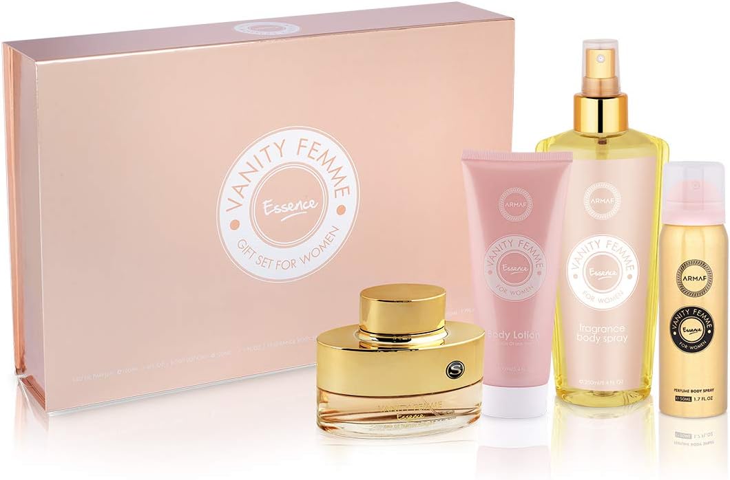 armaf vanity femme essence for women, 4 piece gift set, eau de parfum 100ml + body lotion 100ml + fragrance body spray 250ml + perfumed body spray 50ml, for her