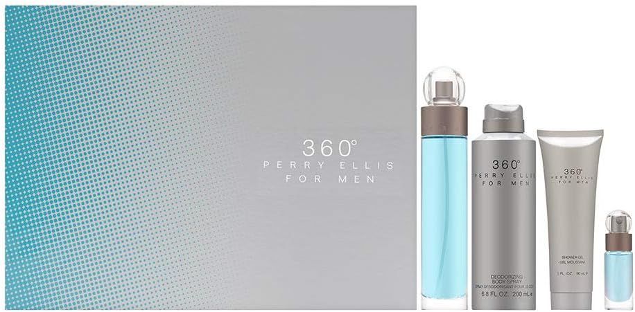 perry ellis 360 4 pc gift set for men 3.4oz edt spray, 6.8oz deodorizing body spray, 3.0oz shower gel, 0.25oz edt spray