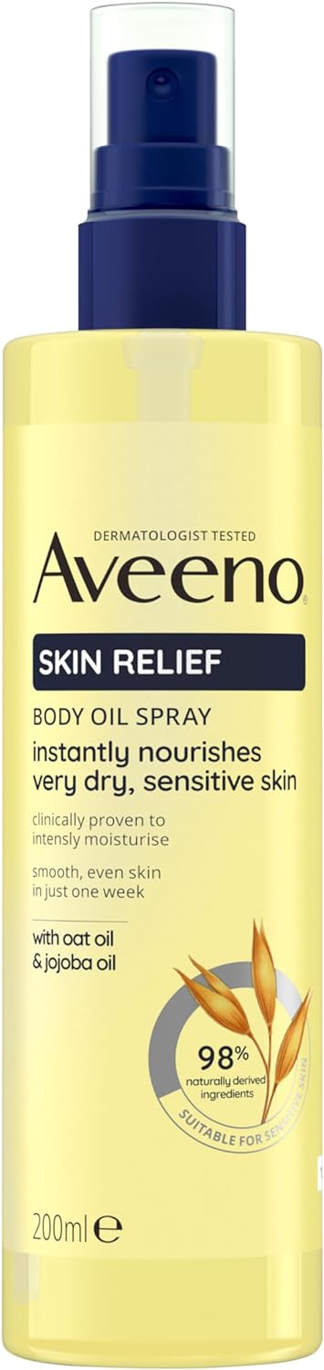 aveeno skin relief body oil spray, with oat oil & jojoba oil, suitable for sensitive skin, instantly nourishes very dry, sensitive skin, suitable for a massage, 200ml
