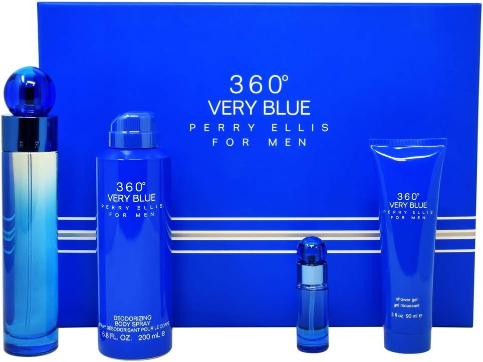 360 very blue by perry ellis for men 4 pc gift set 3.4oz edt spray, 7.5ml edt spray, 6.8oz body spray, 3oz shower gel