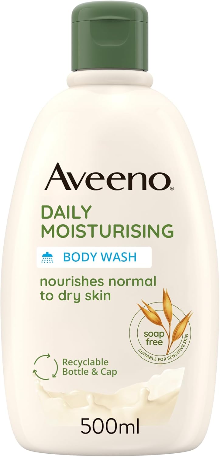 aveeno daily moisturising body wash, with soothing oat, suitable for sensitive skin, gently cleanses and nourishes, soap free, lightly scented, 500ml