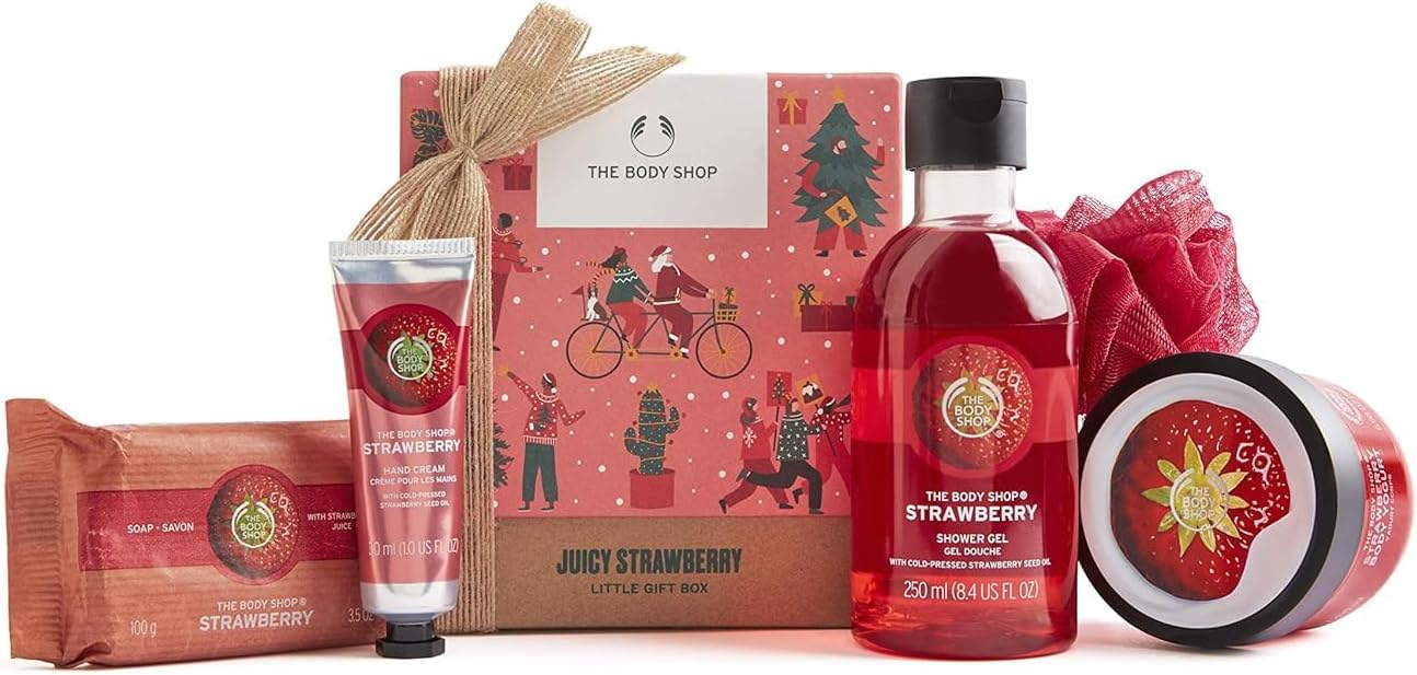 the body shop strawberry 5pc small gift set with juice body care treats made with strawberry seed oil from jam making