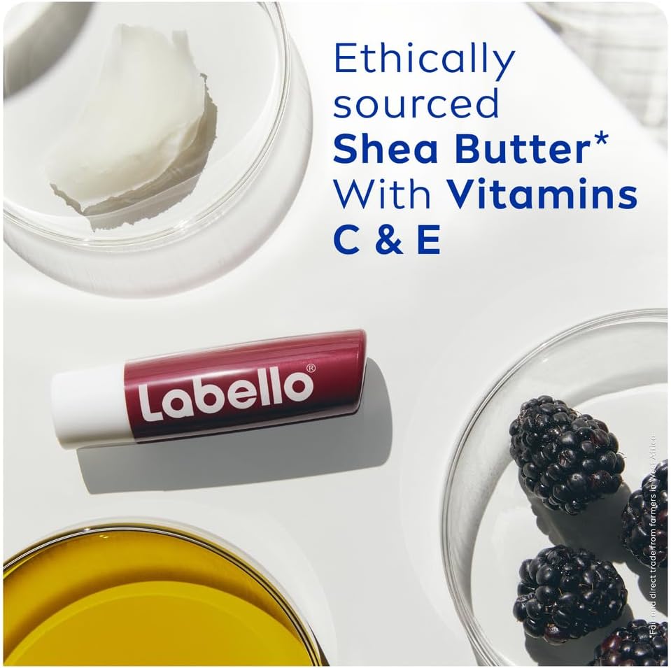 labello blackberry shine lip balm, 24h melt in moisture, with shea butter and natural oils enriched with vitamins, with natural ingredients, mineral oil free, vegan, 4.8g