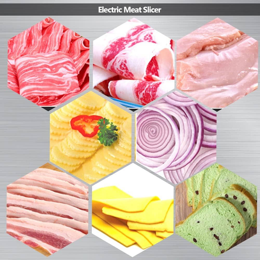 ouna kitchen slicer,ka18 food slicer electric meat slicer with 7.5in removable stainless steel blade pusher cheese fruit vegetable bread cutter adjustable knob for thickness food