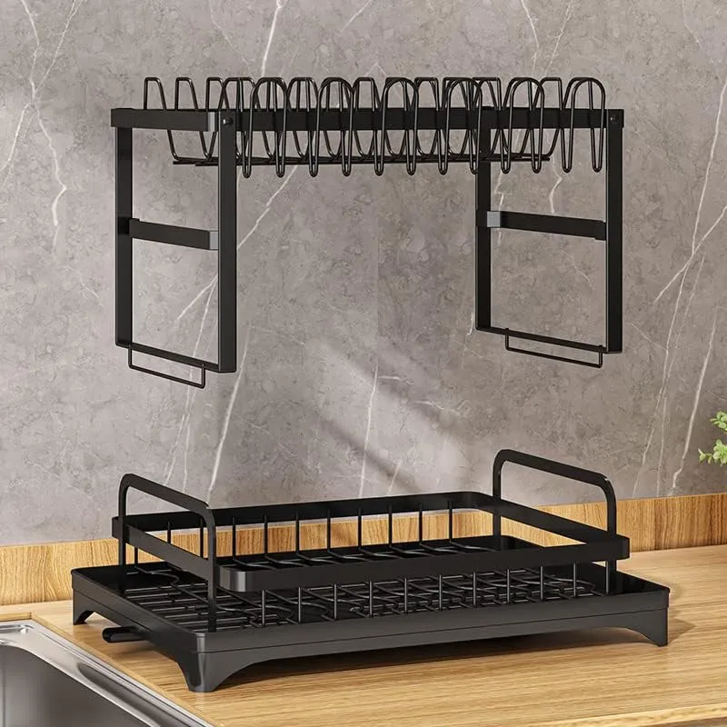 SKY-TOUCH 2-Tier Dish Drying Rack – Save Space Dish Rack with Utensil Holder, Cutting Board Holder & Drainboard Tray | Large Capacity, Rustproof Kitchen Drainer,42 * 30 * 29cm,Black