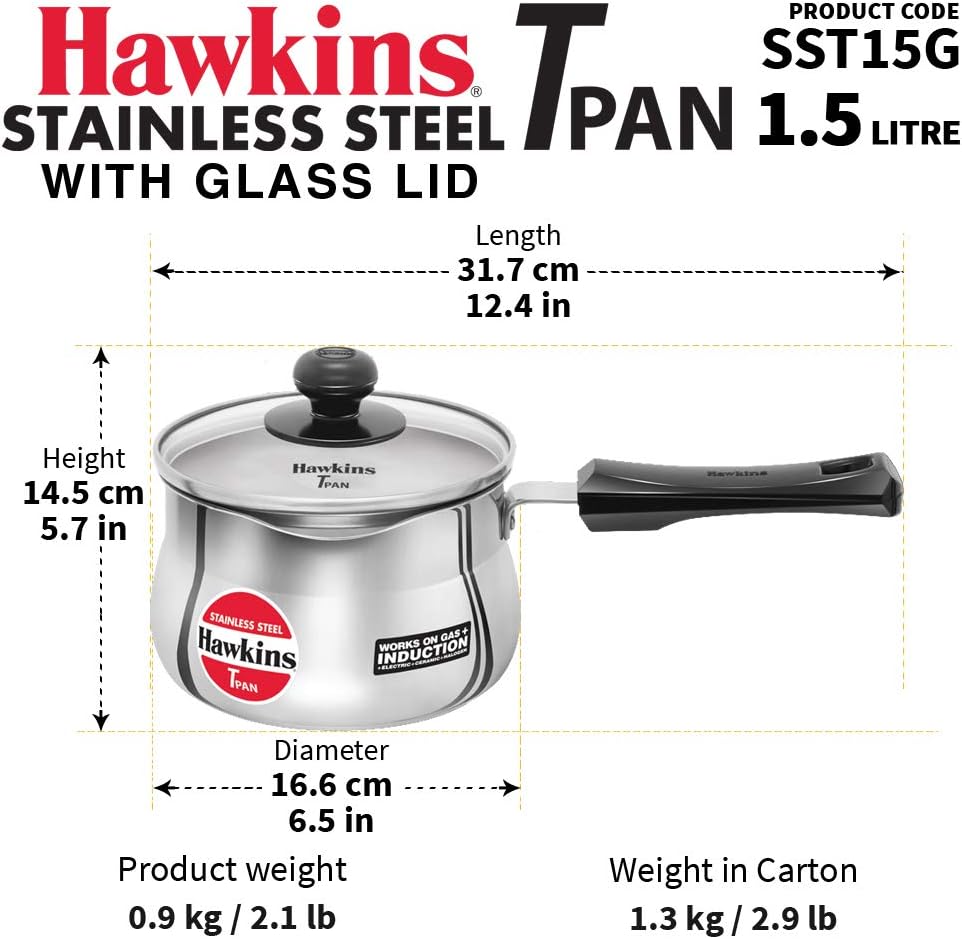 hawkins stainless steel tpan 1.5l with glass lid