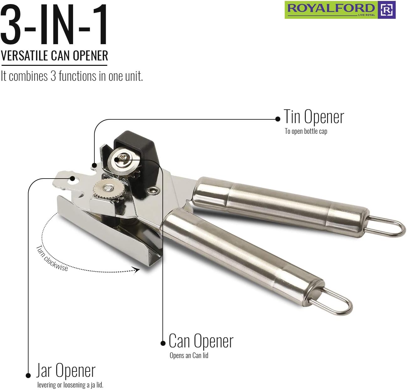 royalford 3 in 1 can opener with stainless steel tube handle | manual tin can opener | easy to use bottle cap opener, can tin & jar opener all in 1 | easy turn knob and ergonomic soft grips handles
