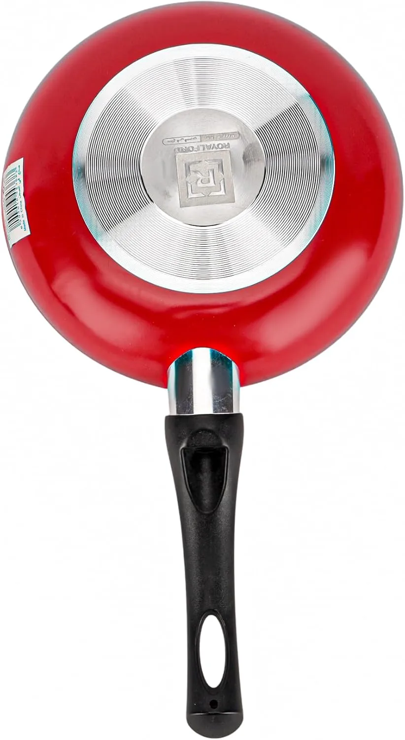 Royalford 22cm Aluminum Nonstick Frypan with Stainless Steel Lid RF12519 Strong Body with 3 Layer Coating and Heat Resistant Bakelite Handle Perfect for Frying, Sauting, Tempering/Red
