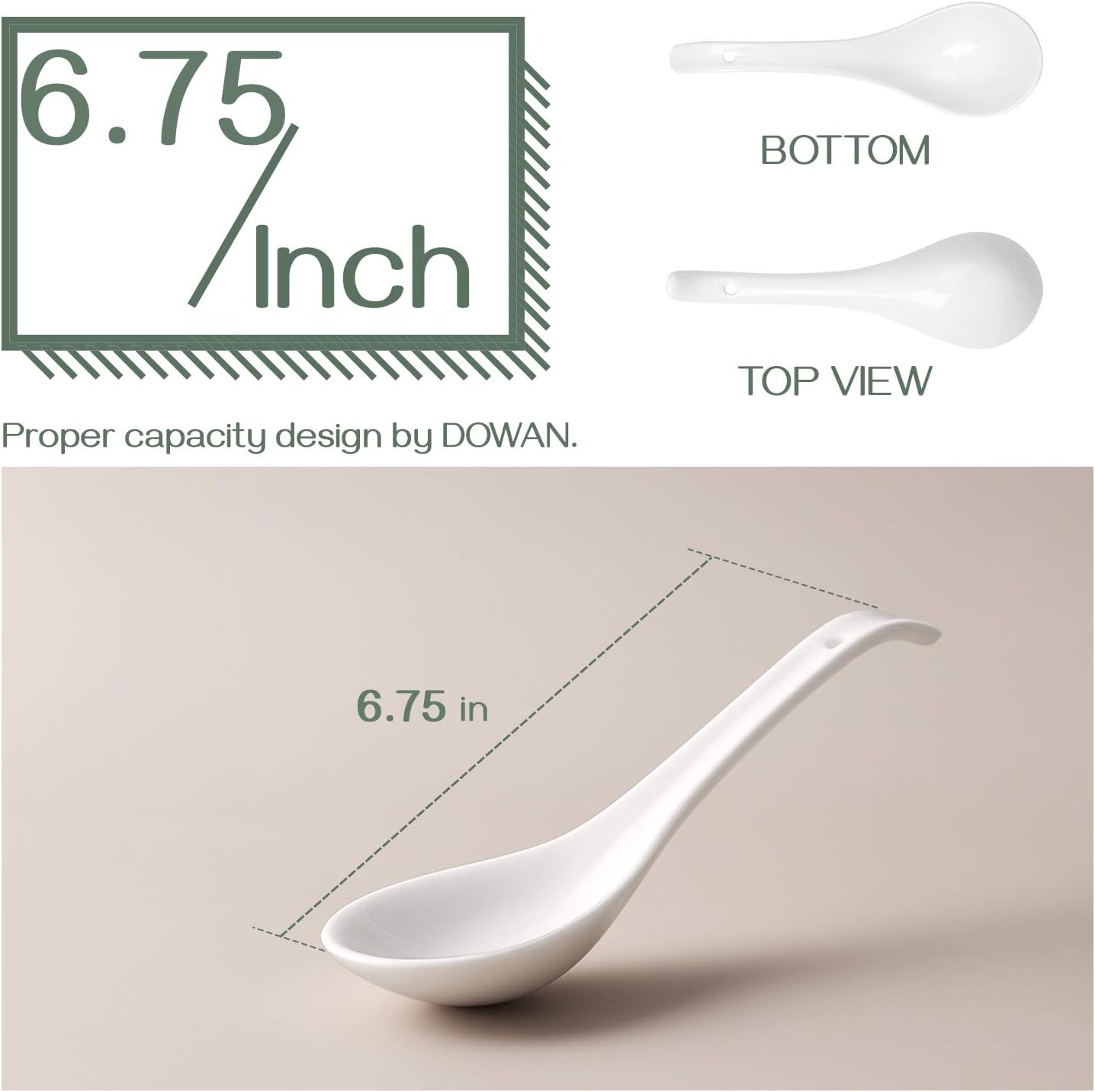 dowan bone china asian soup spoons set with hook, dessert spoons, 6.75 inches, set of 6