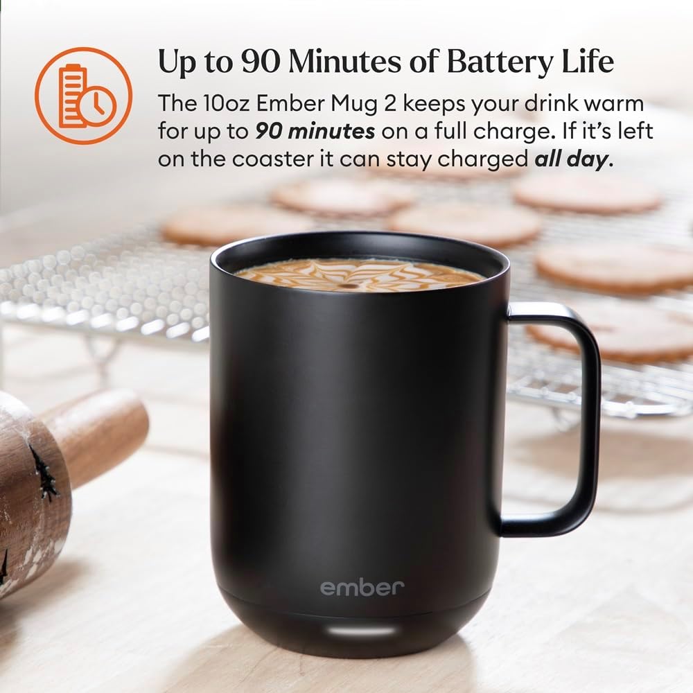 ember temperature control smart mug 2, 10 oz, app controlled heated coffee mug with 80 min battery life and improved design, black