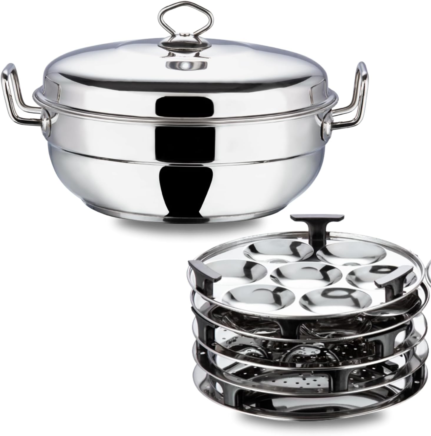 vinod stainless steel multi kadai with 5 plates 26cm | 2 idli, 2 dhokla/momos and 1 patra plates|nduction & gas stove friendly, sturdy handle,sas bottom
